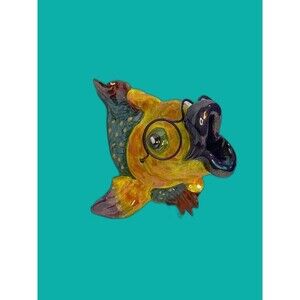 Clay Sculpture Fish Head Wearing Glasses 4.25 x 6.0 Yellow Green Big Purple Lips